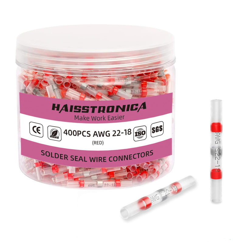 haisstronica 400PCS Solder Seal Wire Connectors,Waterproof Heat Shrink Butt Connectors Terminals for Watercraft,Electrical,Electronics AWG 22-18 Red 400