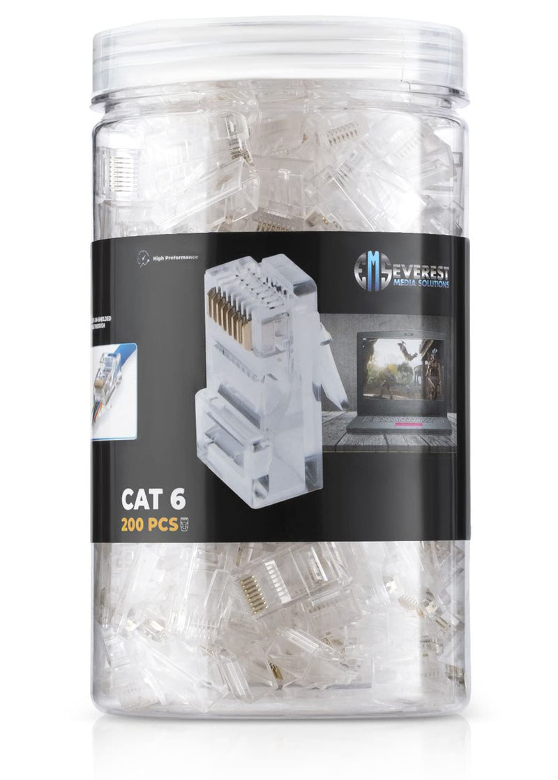 Everest Cat6 RJ45 Pass Through Connector 200-Pack - EZ Cat 6 Pass Through RJ45 Connectors - cat 6 connectors - Ethernet Connector - Ethernet Plug - for Solid or Stranded UTP Network Cable Quantity 200