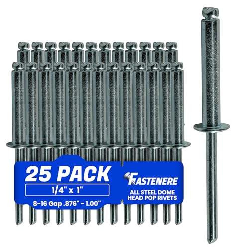 Fastenere Pop Rivets - 1/4" x 1" (25 pcs) Heavy Duty, Open-End, Low Carbon Steel, Dome-Head Blind Rivets, Corrosion-Resistant & High Shear Strength, 8-16 Gap 0.876"-1.00" 1/4" x 1" (8-16) (25 Pack)