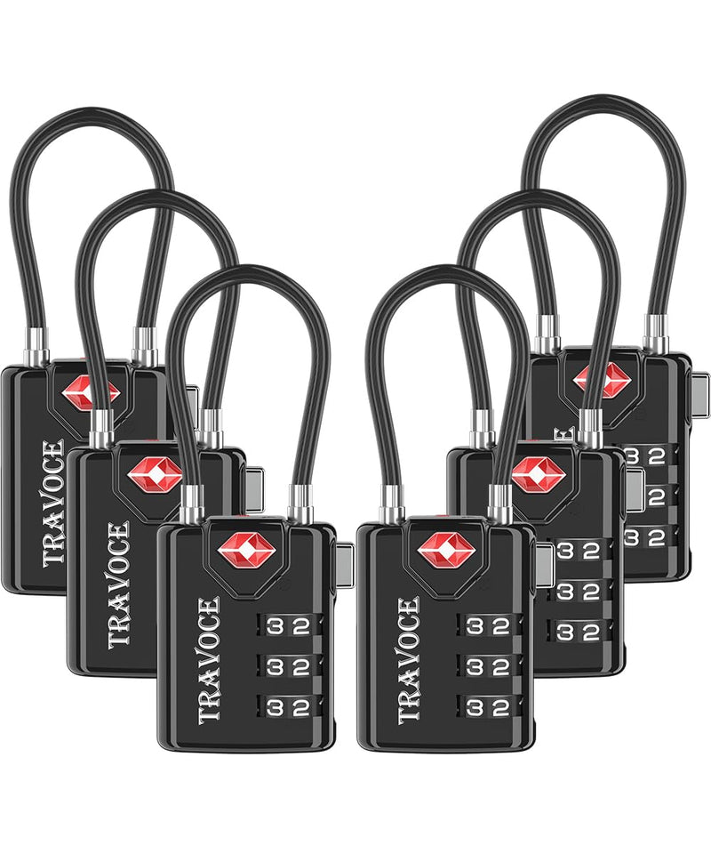TSA Approved Luggage Locks, Combination Cable Locks, 6 Pack, Black | Search Alert shows TSA key access; resettable 3-digit code and flexible braided steel cable for suitcases and backpacks. 1.4*0.72*3.54 in Black 6 Pack