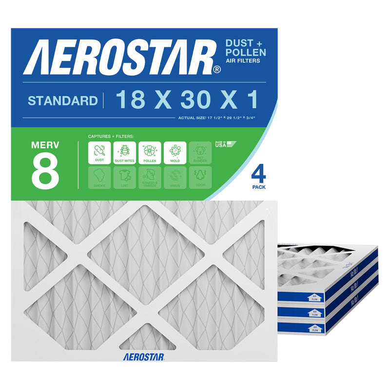 Aerostar 18x30x1 MERV 8 Pleated Air Filter, AC Furnace Air Filter, 4 Pack (Actual Size: 17 1/2" x 19 1/2" x 3/4") Standard MERV 8