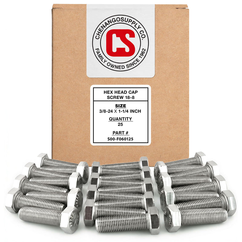 Stainless 3/8-24 x 1-1/4" Hex Head Bolts (3/4" to 5" Length in Listing), 304 Stainless Steel, SAE Fine Thread, 25 Pieces (3/8-24 x 1-1/4") 3/8-24 x 1-1/4"