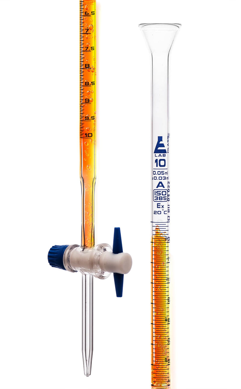 EISCO Burette with PTFE Key Stopcock, 10ml - Class A - 0.05ml Sub Div. Blue Graduations - ±0.03ml Tolerance - Borosilicate Glass