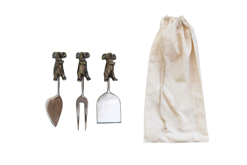 Creative Co-Op Cast Aluminum Cheese Servers with Mice Shaped Handles in Drawstring Bag (Set of 3 Styles)