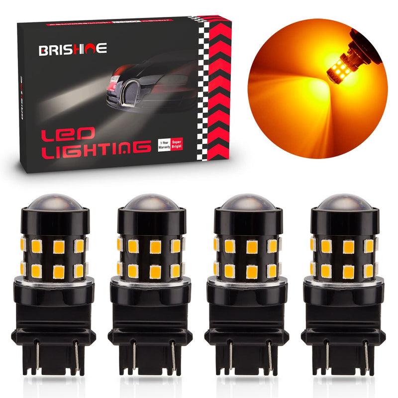 4-Pack Super Bright 3157 3156 3057 4057 4157 LED Bulbs Amber Yellow 9-30V Non-Polarity 24-SMD LED Chipsets with Projector for Turn Signal Lights, Side Marker Lights Pack of 4
