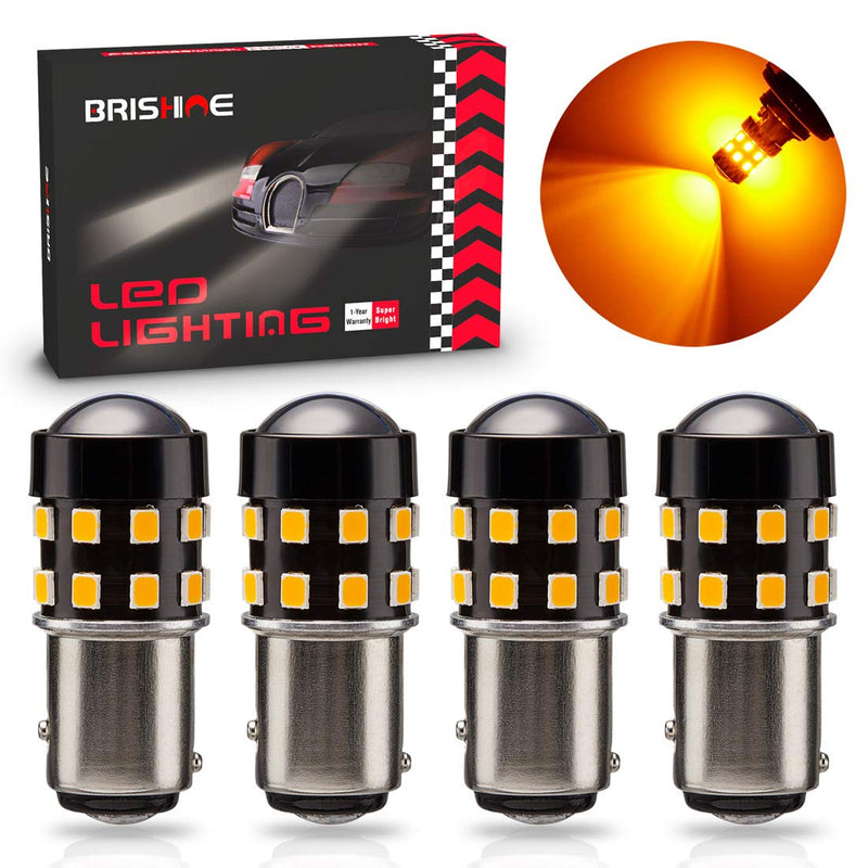 4-Pack Super Bright 1157 2057 2357 7528 1157A LED Bulbs Amber Yellow 9-30V Non-Polarity 24-SMD LED Chipsets with Projector for Turn Signal Lights, Side Marker Lights Pack of 4