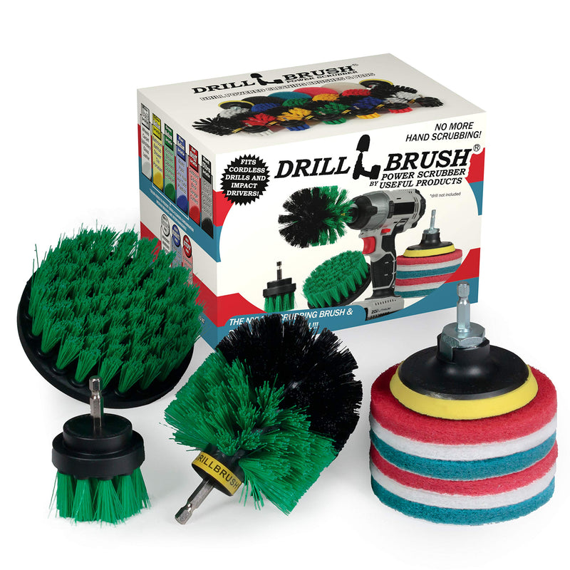Drillbrush Kitchen Cleaning Supplies - Whole Household Scrubbing Pads and Medium Stiffness Brushes - Stove Top and Oven Rack Cleaning Brush Kit - Sink, Tile, Laminate, Vinyl, Pan, Countertop Scrubber Green