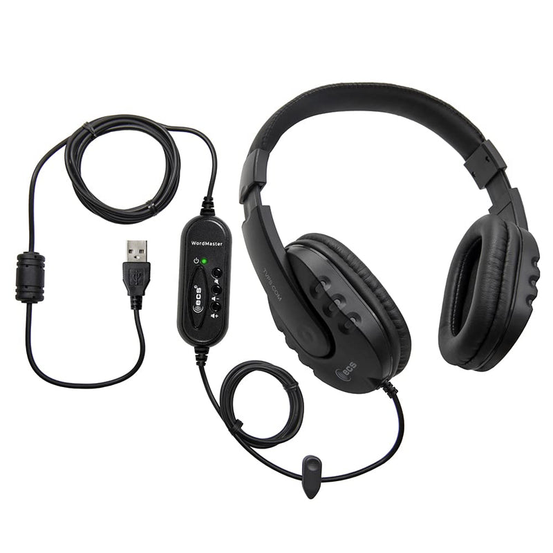ECS WordMaster Transcription USB Headset, 7-Foot Cord, Over-Head, Around-Ear, Superb Audio Clarity, External Sound Card, Ideal for Transcribing Medical & Legal Dictation, Padded Headband & Ear Cups