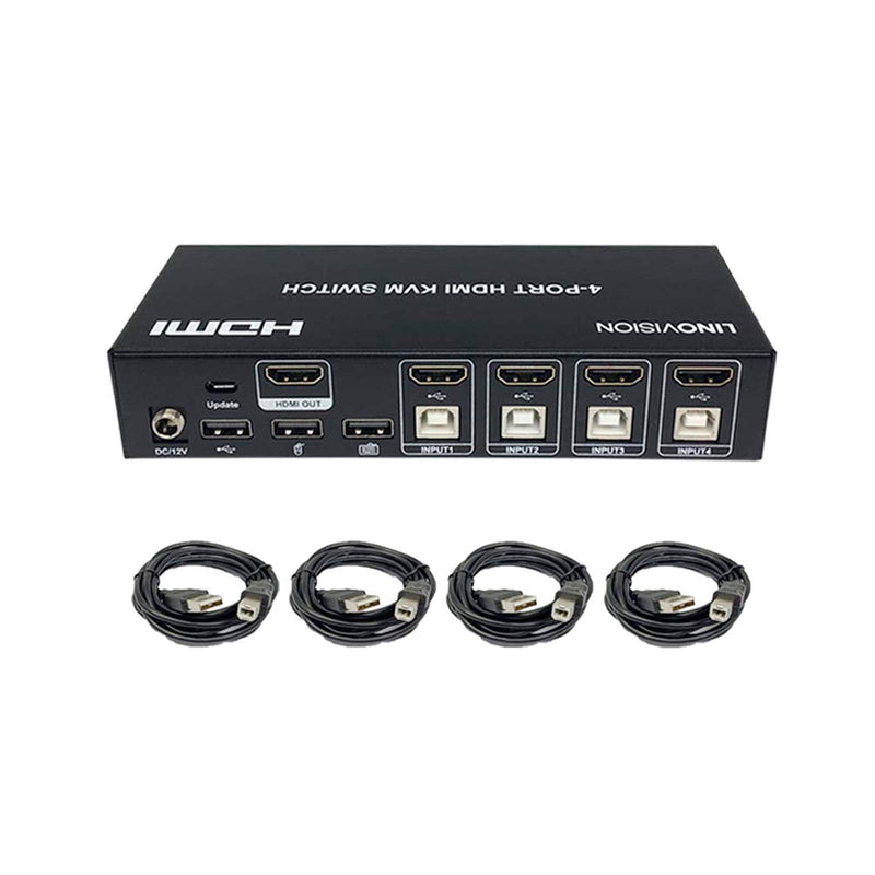 LINOVISION 4 Port HDMI KVM Switch, 4K@30Hz Input with 4 USB2.0 Hub. Full Metal Housing. Hotkey Switch. Using One Set of HDMI Monitor, Keyboard and Mouse to Control 4 PC/DVR/NVR/PS3/PS4.4 in 1 Out