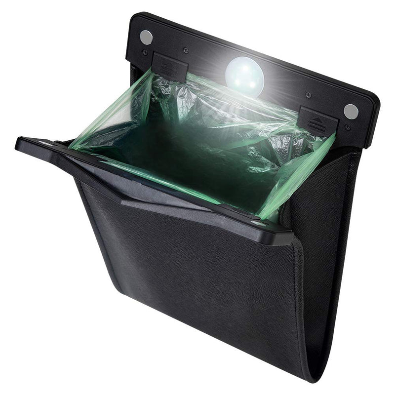Smart LED Car Trash Can Waterproof Garbage Bag Passenger Side Artificial Leather Storage Pocket Leak Proof Reusable Traveling Portable Offices Toilet Garbage Cans Back Seat Hanging (Black-1pack) Black-1pack