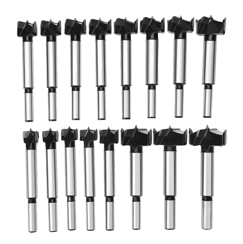 Forstner Drill Bit Set 15-35mm 16 Pcs, Carbide Forstner Bits High Speed Steel Wood Tool Punching Bit Wood Slabs Flat Wing Drilling Hole Hinge Cemented Carbide Drilling Counterbore DC01