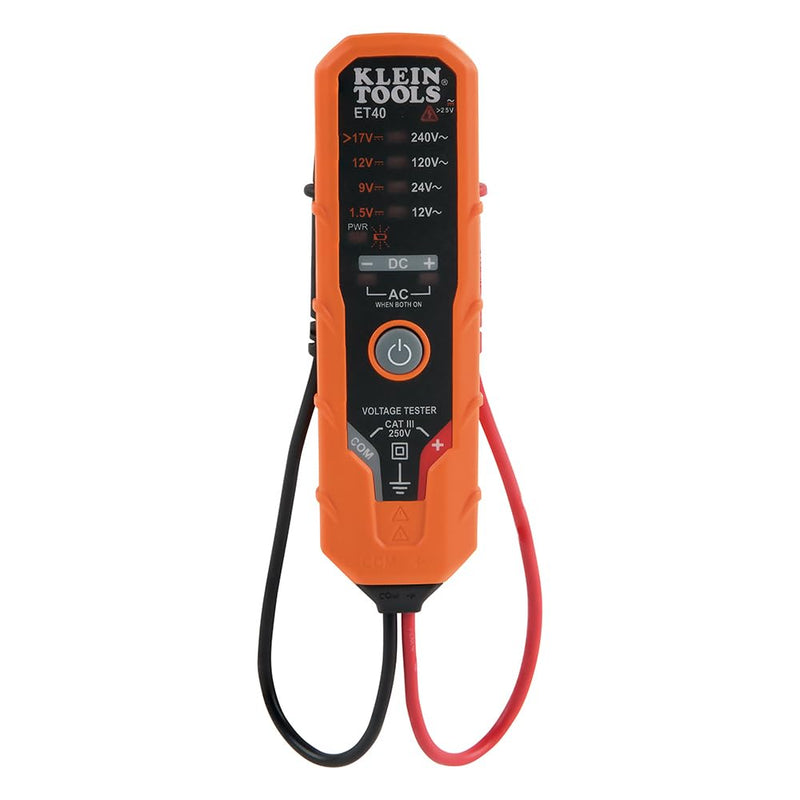 Klein Tools ET40 Digital AC/DC Voltage Tester, 12-240V AC, 1.5-24V DC, LED Illumination, DC Polarity, Auto Off, CAT III 250V-Class 2- Double Insulation, IP41 Dust and Water Resistant 12/240 V