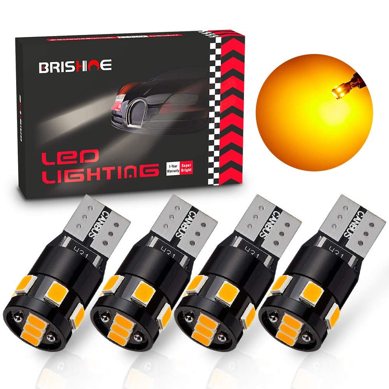300LM Extremely Bright Canbus Error Free 194 168 2825 192 W5W T10 LED Bulbs Amber Yellow 9-SMD 2835 LED Chipsets for Side Marker Turn Signal Blinker Map Door Parking Lights (Pack of 4)