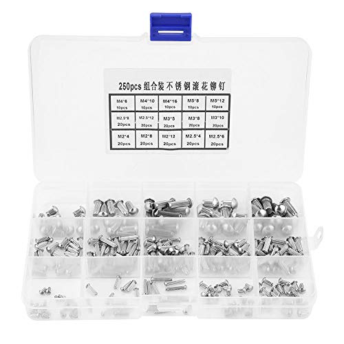 Round Head Solid Rivets Knurled Shanks M2 M3 M4 M5 Stainless Steel Fasteners Assortment Kit with Storage Box