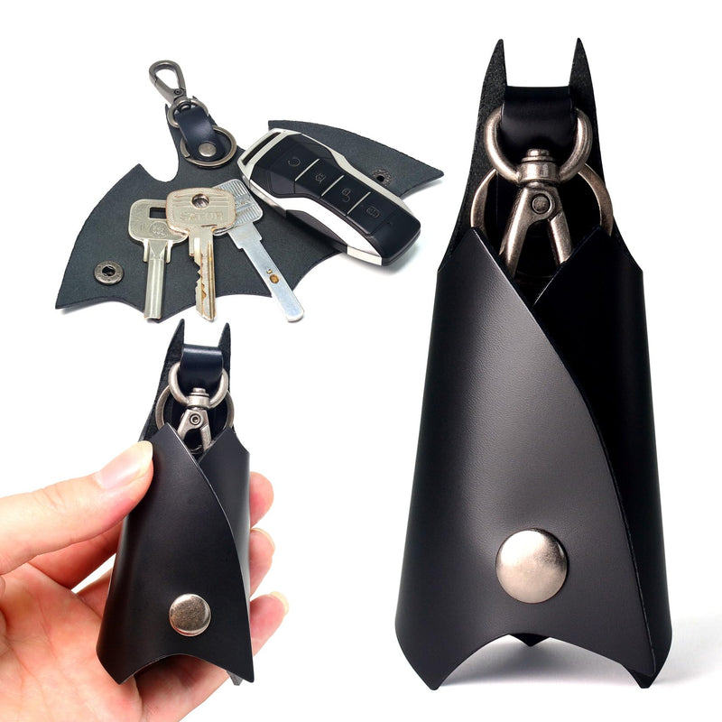 CAILLU KeyChain Leather Bat Shape for men gifts and women Car key fob case,Leather fashion pop keys ring cover holder Black