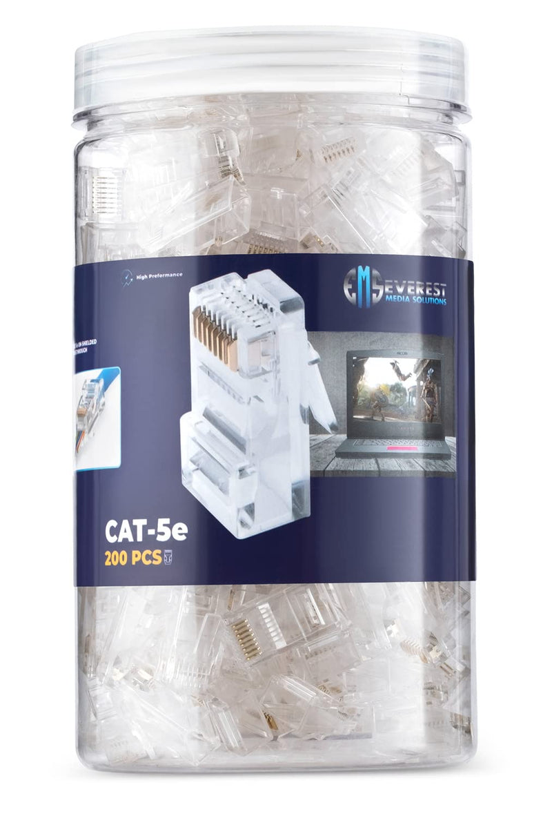 Everest Cat5e RJ45 Pass Through Connector 200-Pack - EZ Cat 5e Pass Through RJ45 Connectors - Cat 5e Connectors - Ethernet Connector, Ethernet Plug - for Solid or Stranded UTP Network Cable Quantity 200