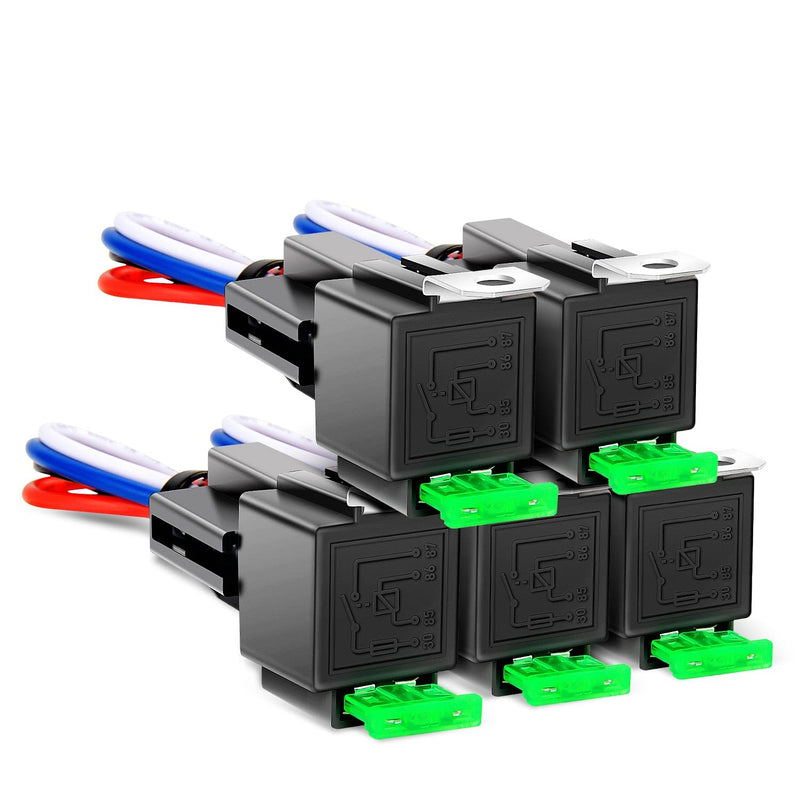 Nilight 50023R 5 Pack 30A Fused Relay Switch Kit 12V 4 Pin SPST Relay Interlocking Harness Socket Holder 30 Amp 12 Volt Automotive Relays with Fuse for Auto Cars Trucks RV Fuse Relay 5 Pack