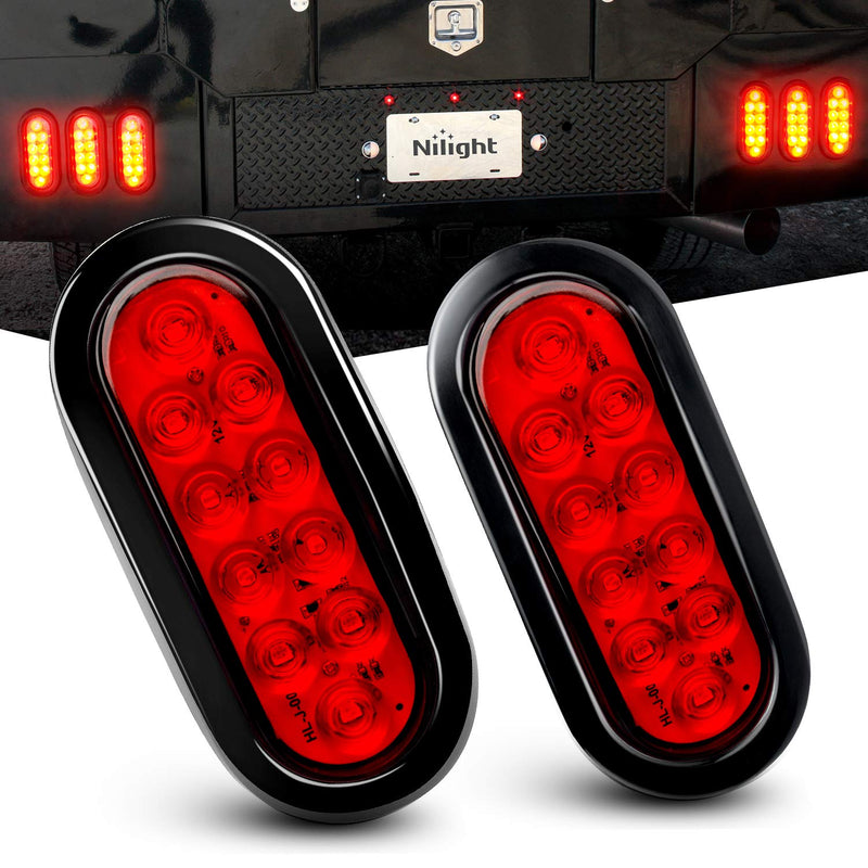 Nilight - TL-01 6" Oval Red LED Tail 2PCS w/Surface Mount Grommets Plugs IP65 Waterproof Stop Brake Turn Trailer Lights for RV Truck Jeep 2Pcs 6" Trailer Tail Lights