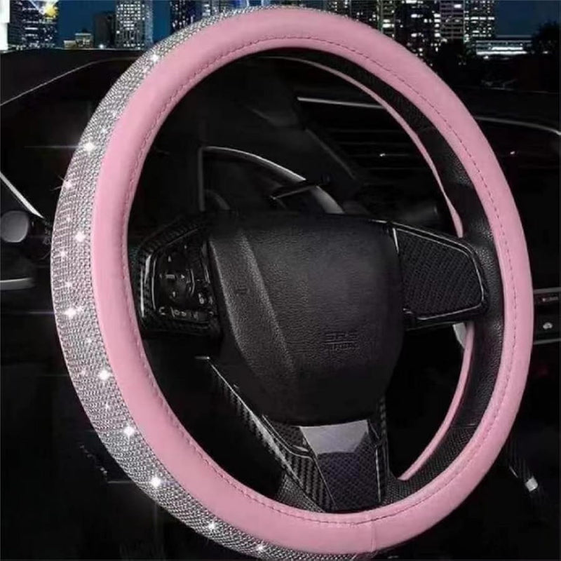 Steering Wheel Cover Women Pink Bling Diamond Steering Wheel Cover, Leather Cute Steering Wheel Covers with Crystal Rhinestones, Breathable, Anti-Slip Universal Fit 14.5-15 Inch Bling Car Accessories White Pink