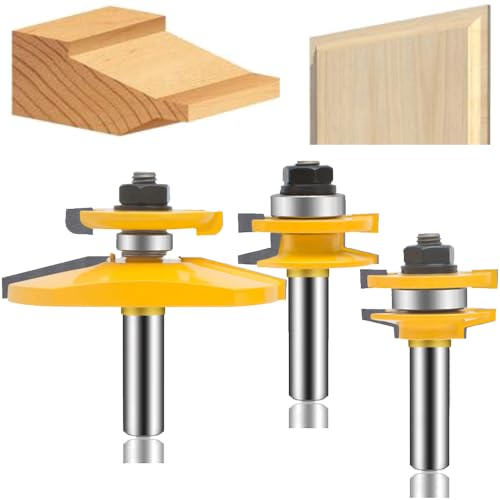 LEATBUY 1/2 Inch Shank 3 PCS Router Bit Set, Rail Stile Carbide Woodworking Tool Door Cabinet Shelf Drawer Cutter CNC Table Wood Tongue Groove Mill Panel Tool(1/2 Double) 1/2 Double