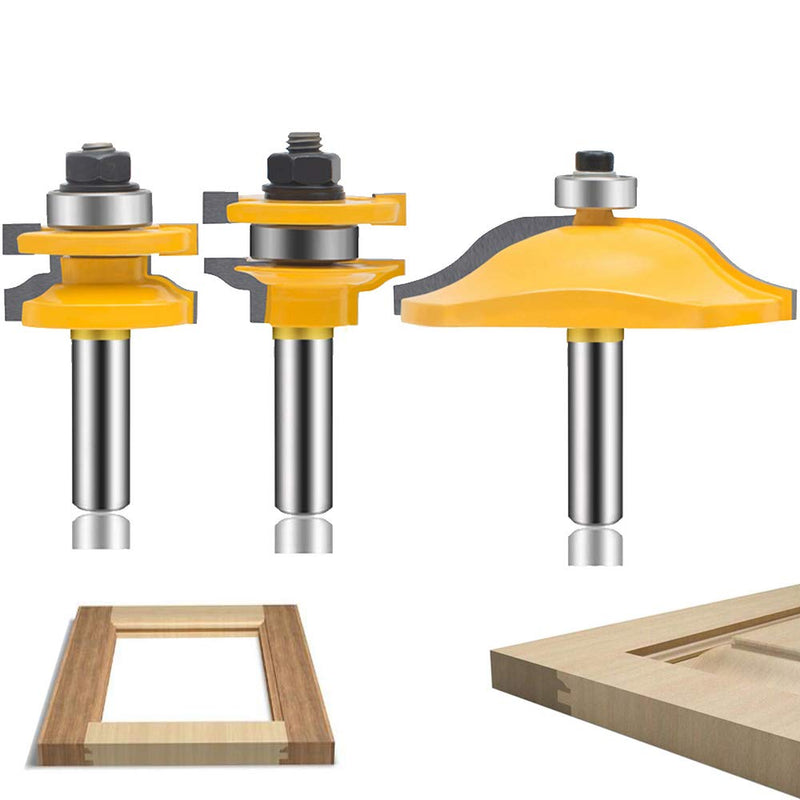 OLETBE Router Bit Set 3 PCS 1/2-Inch Shank Round Over Raised Panel Cabinet Door Ogee Rail and Stile Router Bits, Woodworking Wood Cutter, Wood Carbide Groove Tongue Milling Tool (SQ-2)