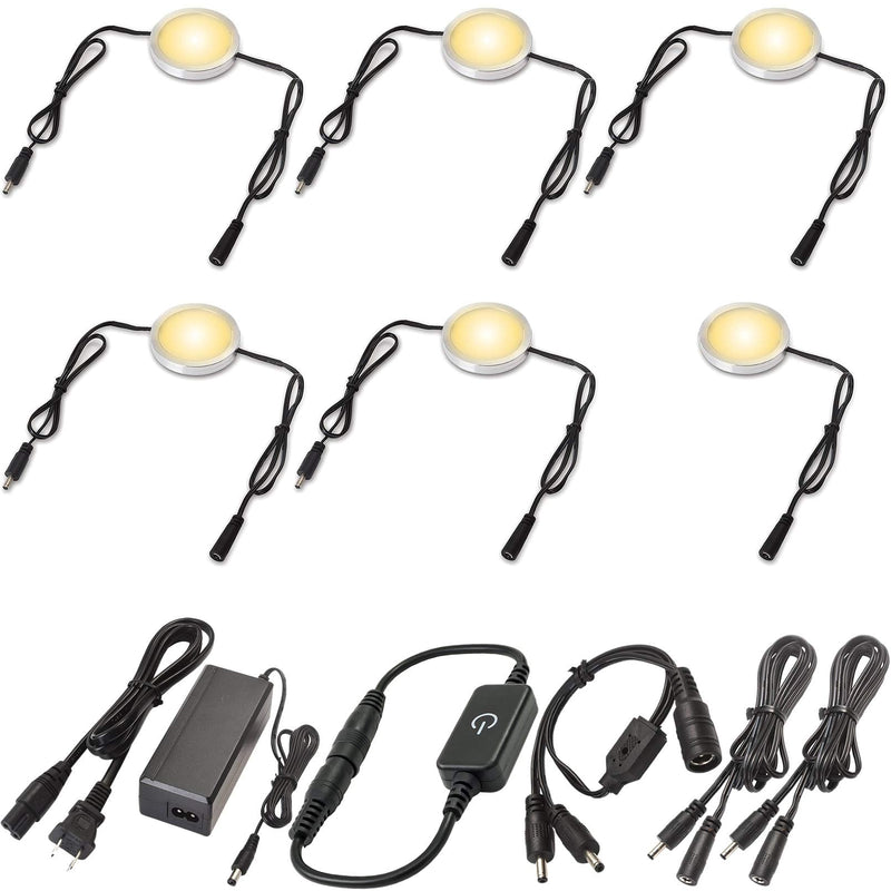 LED Kitchen Cabinet Lighting, Over and Under Closet Light Fixture, 120 Volt US Wall Plug in, Daisy Chained Linkable, Inline Touch Dimmer Switch, Black Cord, 6 Lights, Warm White 2700K