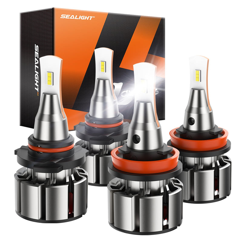 SEALIGHT 9005 H11 Bulbs Combo, 6000K Cool White, 72000LM, 9005/HB3 H11/H8/H9 Fog Bulbs with Silent Fan, Wider Driving Vision, Fog Light, Powersports Headlight Bulbs, Pack of 4