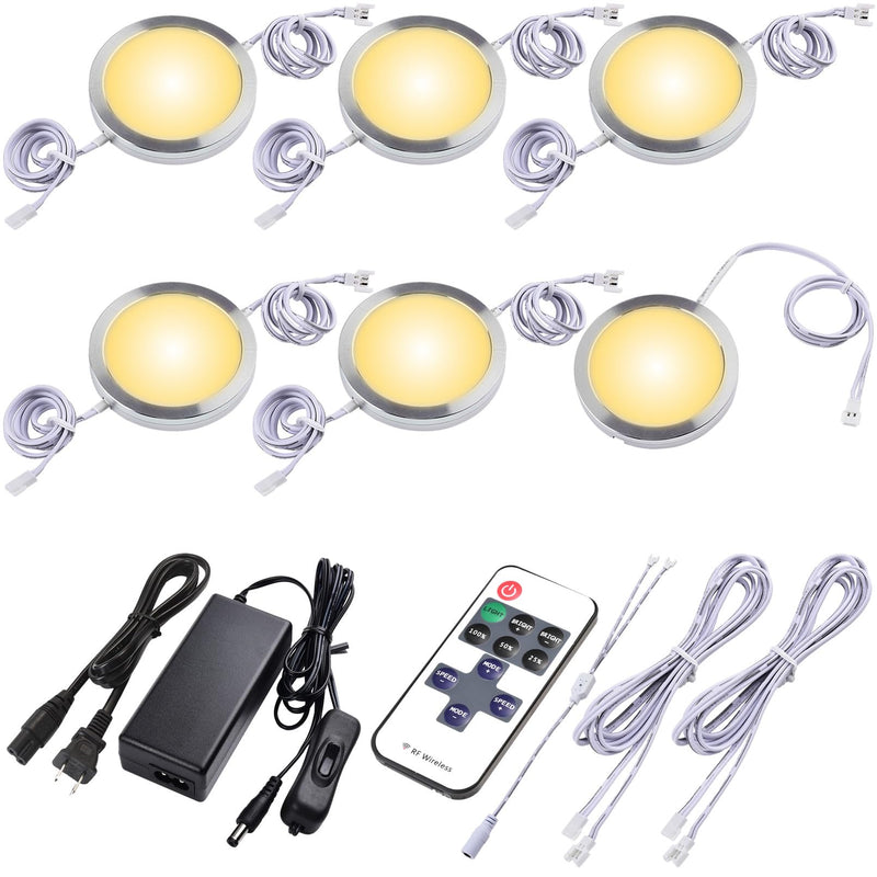 Kitchen Underneath Cabinet LED Puck Light, Hutch Backsplash Back Lighting, 110V Plug in & Hardwired, Wireless RF Remote Control Dimmable, Linkable, White Wires, Warm White 2700K, 6 Lights 6 Lights, Warm white