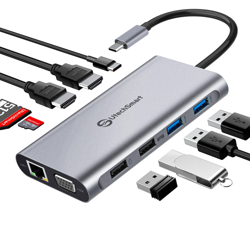 UtechSmart USB C Docking Station, Dual Monitor, Laptop Docking Station | 11 in 1 Triple Display USB C Hub with Dual HDMI, VGA, PD3.0, SD/TF, 4 USB Ports Adapter Compatible for MacBook and Windows Gray