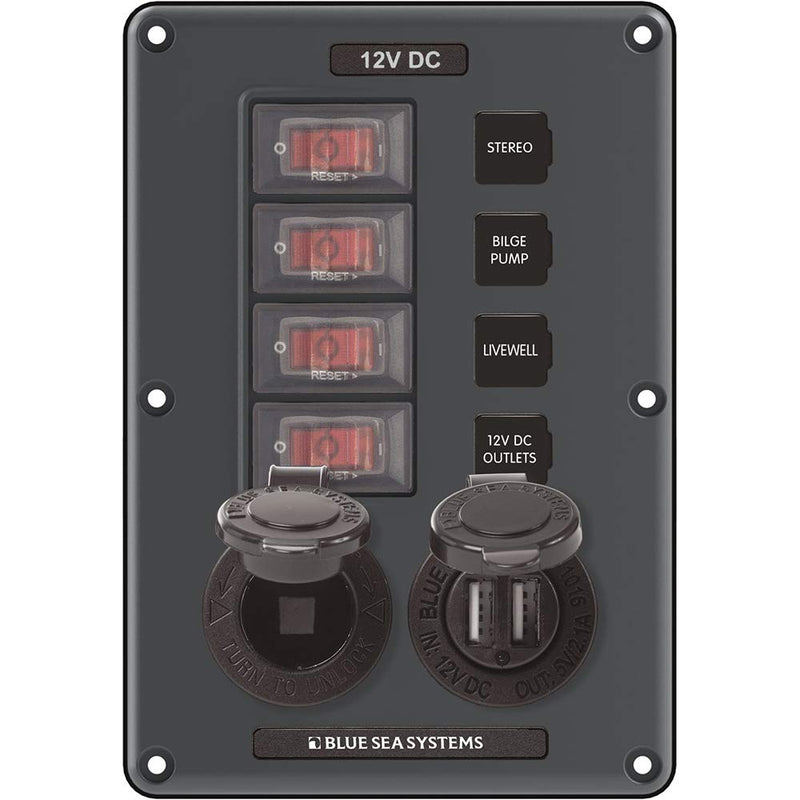 Blue Sea Systems 4321 Circuit Breaker Switch Panel, Black , Gray Standard 4 Pos + 12V Sckt & Dual USB Chgr