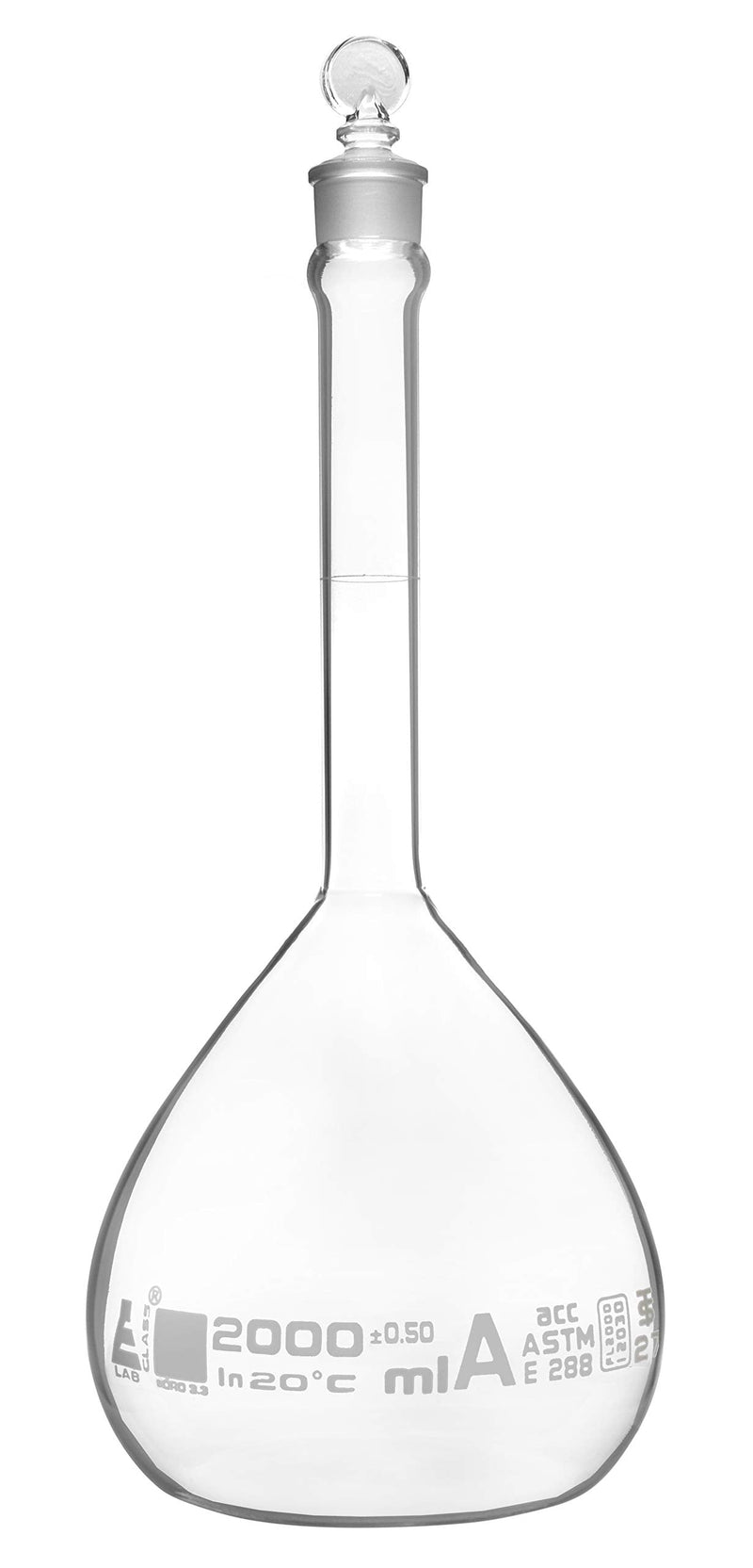 Volumetric Flask, 2000ml - Class A, ASTM - Tolerance ±0.500 ml - Glass Stopper - Single, White Graduation - Eisco Labs