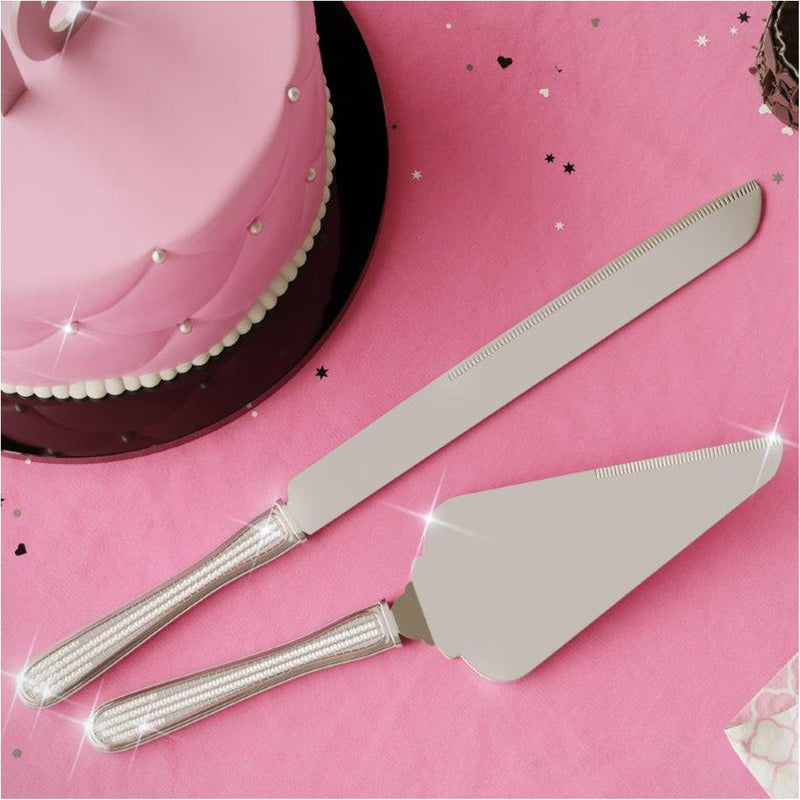 Dianna Cake Knife and Server Set - Silver Wedding Cake Knife and Server Set Featuring 100+ Crystals Embedded on the Handles | Use for Weddings, Anniversaries or Birthdays