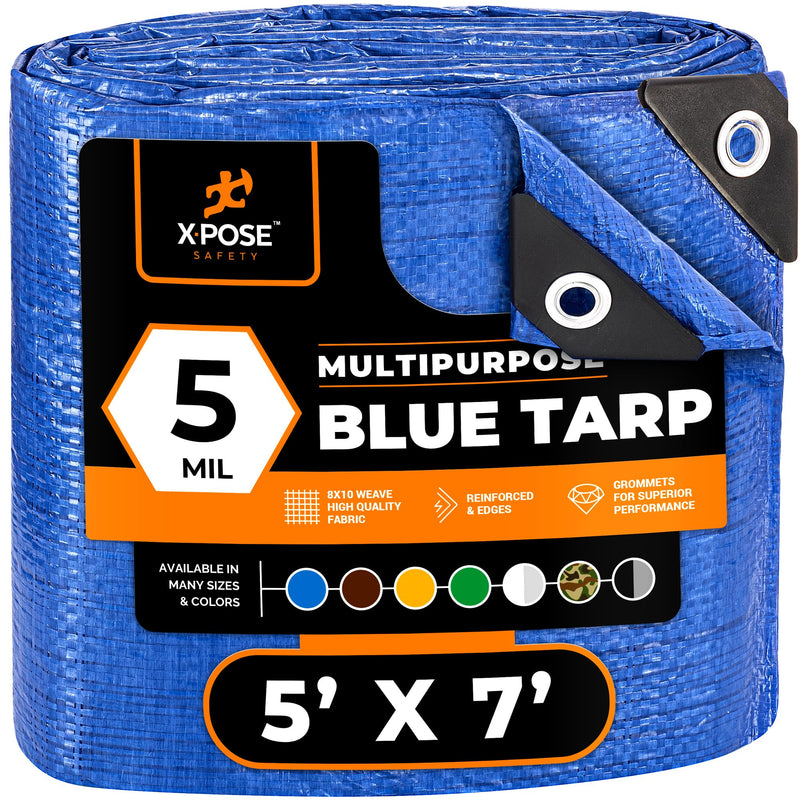 Better Blue Poly Tarp - 5' X 7' - Multipurpose Protective Cover, Lightweight, Durable, Waterproof, Weather Proof - 5 Mil Thick Polyethylene - by Xpose Safety 5 Feet x 7 Feet