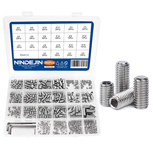 NINDEJIN 666 PCS M2 M3 M4 M5 M6 M8 Hex Flat Grub Set Screw for Repairs Kit 666 Silver Socket Set Screws