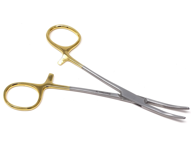 Kelly Hemostat Forceps 5.5" Curved Clamps with Half Serrated Jaws Ideal for EMT, Firefighter, Nurses, Dental, hobby, Fishing Electronics, Pruning + More Stainless Steel (Gold Handle) Gold Handle