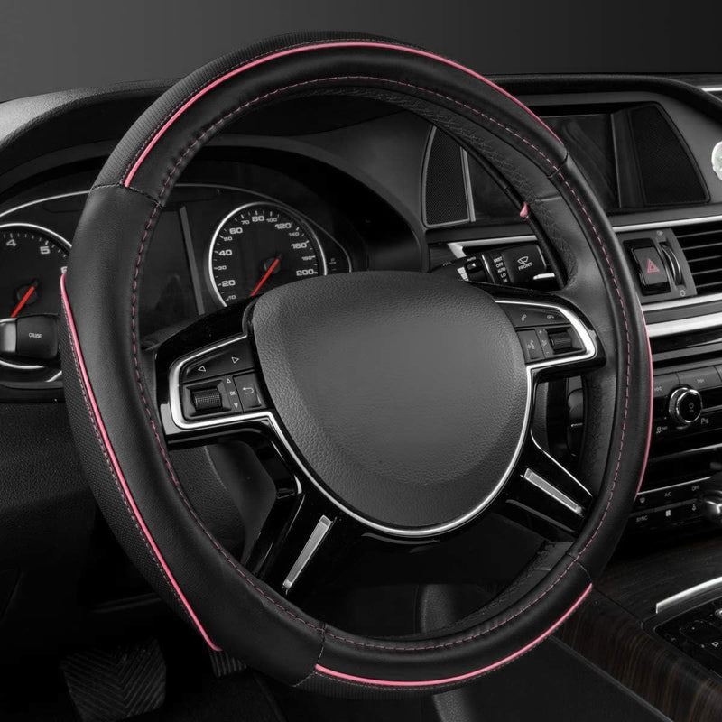 CAR Pass Colour Piping Leather Universal Fit Steering Wheel Cover, Perfectly fit for 14.5-15 inches Suvs, Vans, Trucks, Sedans, Cars (Black&Pink) Black&Pink