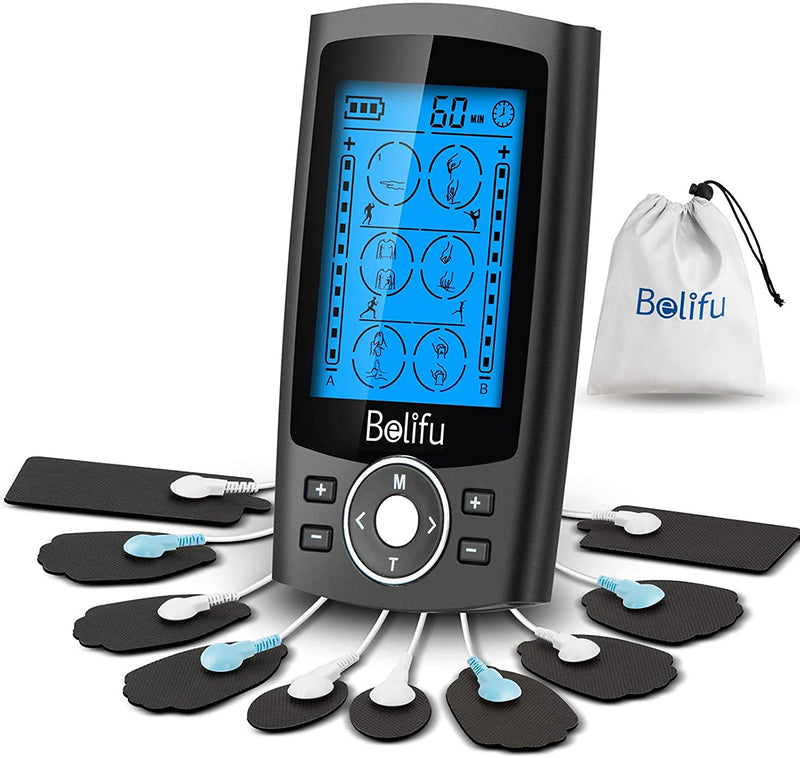 Belifu Dual Channel TENS EMS Unit 24 Modes Muscle Stimulator for Pain Relief Therapy, Electronic Pulse Massager Muscle Massager with 10 Pads, Dust-Proof Drawstring Storage Bag, Fastening Cable Ties Black