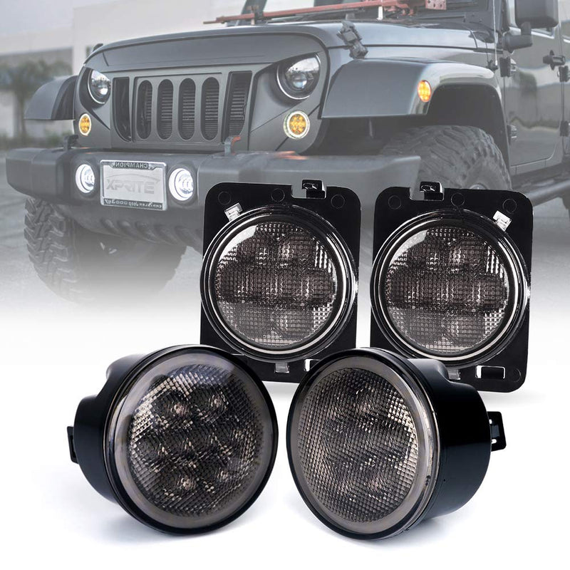 Xprite LED Turn Signal Lights w/White DRL Halo, Smoked Lens Fender Side Marker Lights Indicator Lamp Compatible with 2007-2018 Jeep Wrangler JK & Wrangler Unlimited Smoke Lens w/ Halo