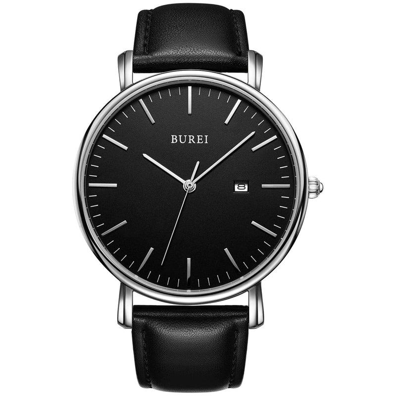 BUREI Men Watches Brown Leather Fashion Minimalist Wrist Watch Simple Ultra Thin Waterproof Quartz Watches All Black Stainless Steel Mesh Band,Gift for Men Women
