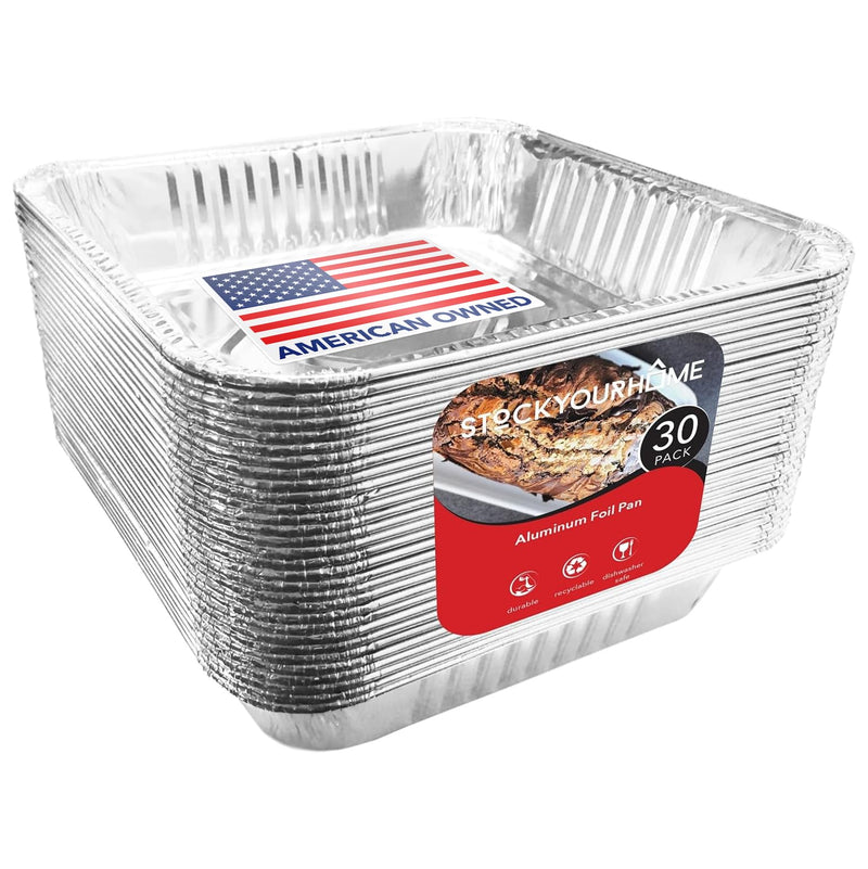 Stock Your Home 9x9 Aluminum Foil Pans - 8.75" L Rim (30 Pack) Square Tins for Toaster Oven- Cooking Lasagna, Casserole, and Doing Food Prep - Disposable Baking Pan for Cake or Brownie Dish 30