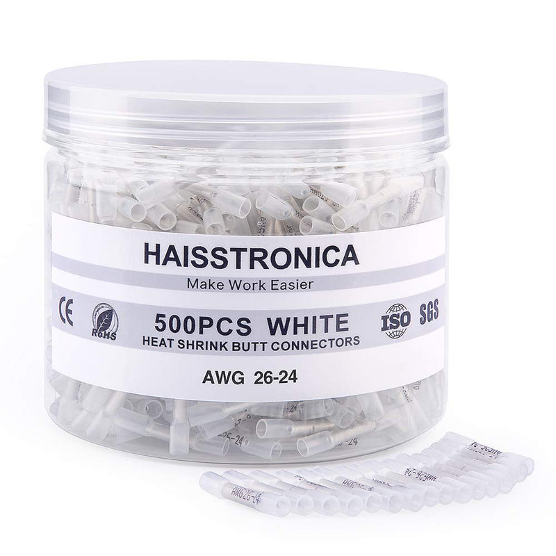 Haisstronica 500PCS White Heat Shrink Butt Connectors - 26-24 Gauge, Insulated, Waterproof, Marine & Automotive Crimp Splice Connectors White AWG 26-24