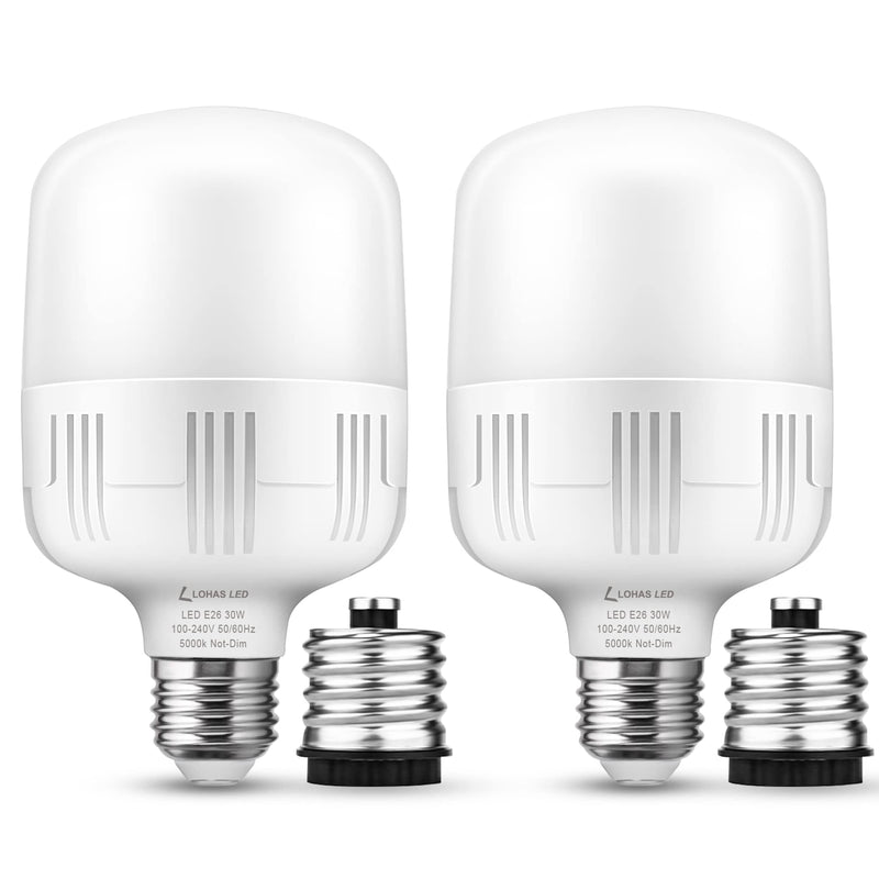 L LOHAS LED Super Bright Light Bulbs, 250-300W Equivalent 3400LM E26 Garage LED Bulb, 5000K Daylight 30 Watt High Lumen LED Bulb w/E39 Adapter for Commercial Warehouse Workshop Factory Barn, 2 Pack Daylight White