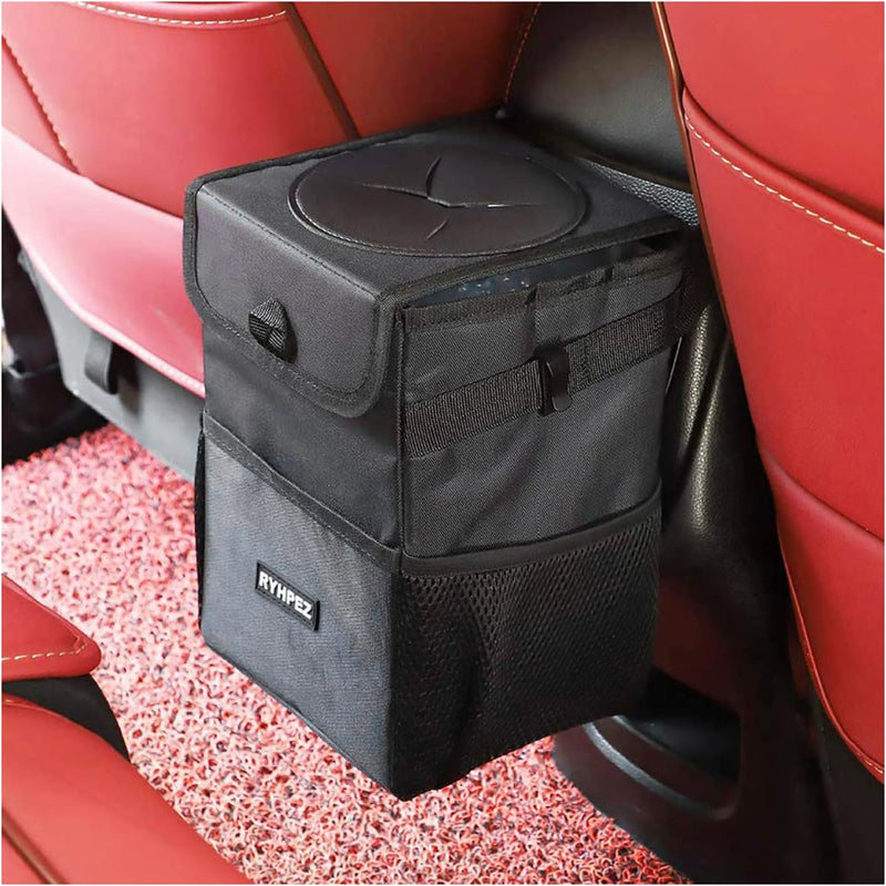 Ryhpez Car Trash Can with Lid - Leakproof Trash Bin Car Garbage Can, Collapsible Automotive Truck Organizer and Storage Bag Car Accessories for Women Men Road Trip Essentials Standard (Black)