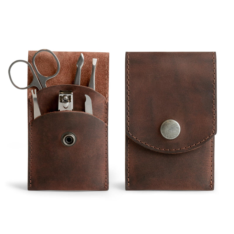  [AUSTRALIA] - Leather Double Nail Clipper Case, Travel Scissors Cover for Men & Women, Grooming Kit Cases, Personal Manicure Set Organizer, Mens Care, Clippers, Fingernail Trimming, Toenail Pedicure, Nails Cutting Bourbon Brown