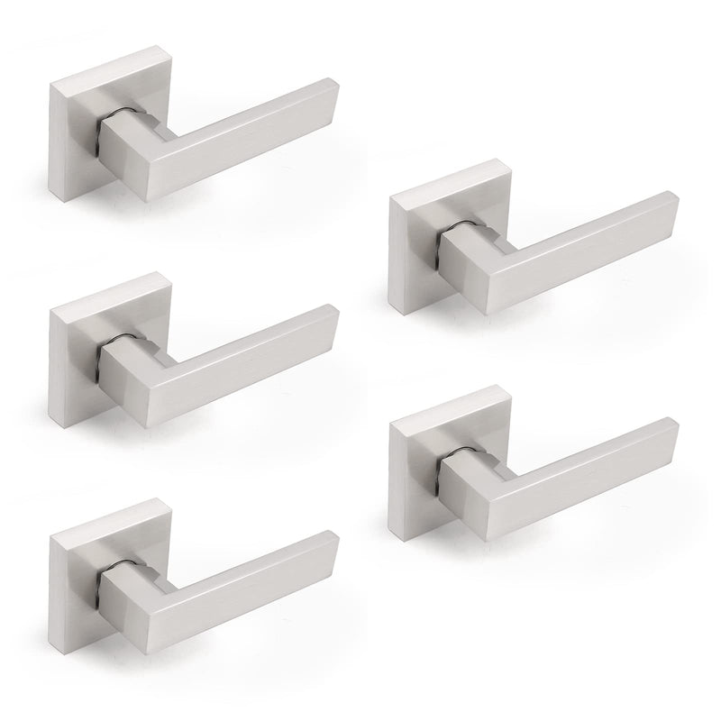 Gobrico 5 Pack Dummy Door Handles in Brushed Nickel, Non-Turning Interior Door Levers, Heavy Duty Single Side Pull Handles for Closet Pantry Satin Nickel