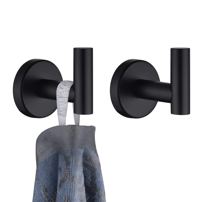 JQK Black Bathroom Towel Hook, Coat Robe Clothes Hook for Bathroom Kitchen Garage Wall Mounted (2 Pack), 304 Stainless Steel Matte Black, TH100-PB-P2 2 Pack