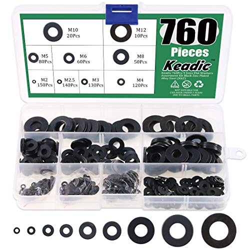 Keadic 760Pcs Flat Washers Assortment Kit Black Zinc Plated Alloy Steel, 9 Sizes - M2 M2.5 M3 M4 M5 M6 M8 M10 M12 Zinc Plated Flat Washer - 760Pcs