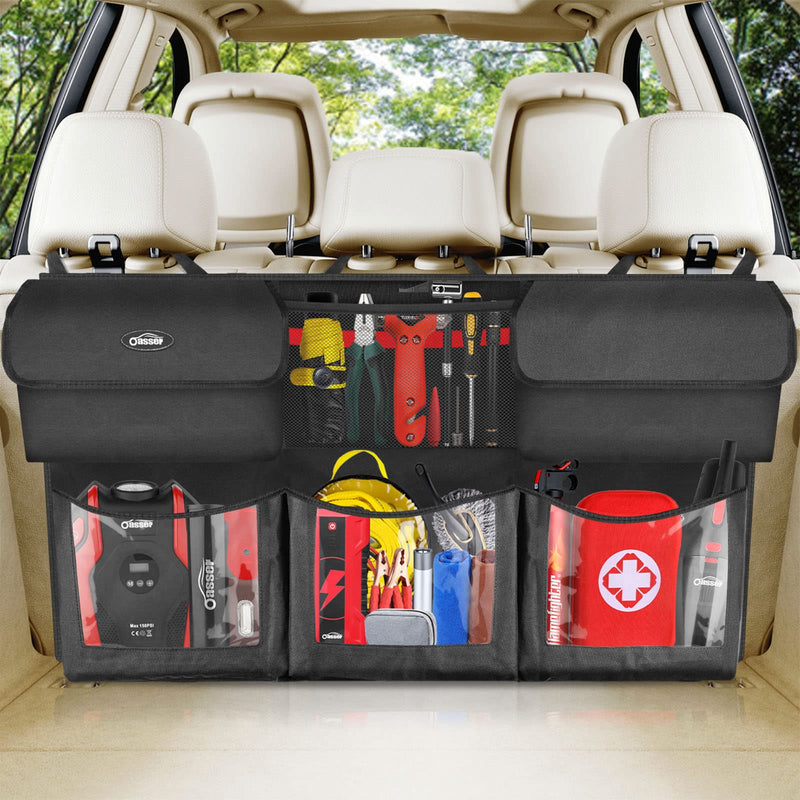 Oasser Back Seat Trunk Organizer Hanging Car Organizer Trunk Foldable Cargo Storage with 6 Large Pockets 3 Adjustable Straps 40x19inch Regular-40x19in Black