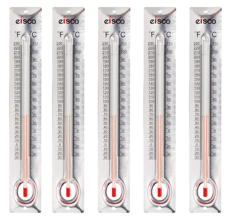EISCO 5 Pack - Aluminum Thermometers, -30 to 110°C / 30 to 230°F, Measurement in Celsius & Fahrenheit - Aluminum Backing, Glass - Spirit Filled - 6.5" Long, 1" Wide