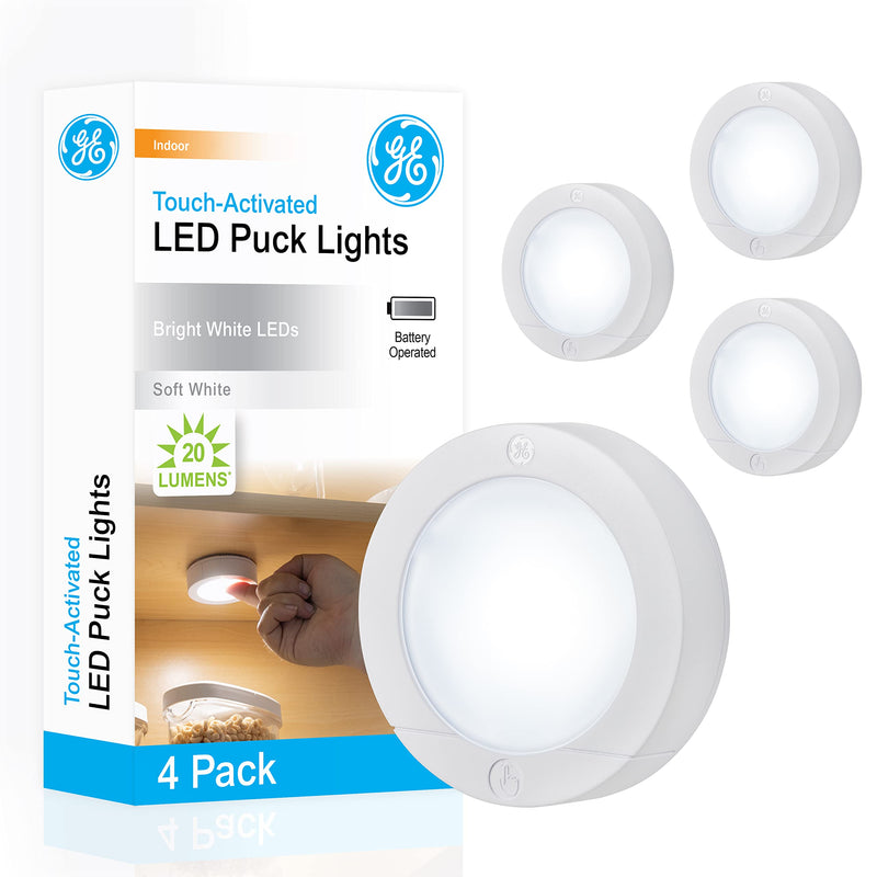 GE Wireless LED Puck Lights, Battery Operated, 20 Lumens, Touch Light, Tap Light, Stick On Lights, Under Cabinet Lighting, Ideal for Kitchen Cabinets, Closets, Garage and More, 4 Pack, 45997 White